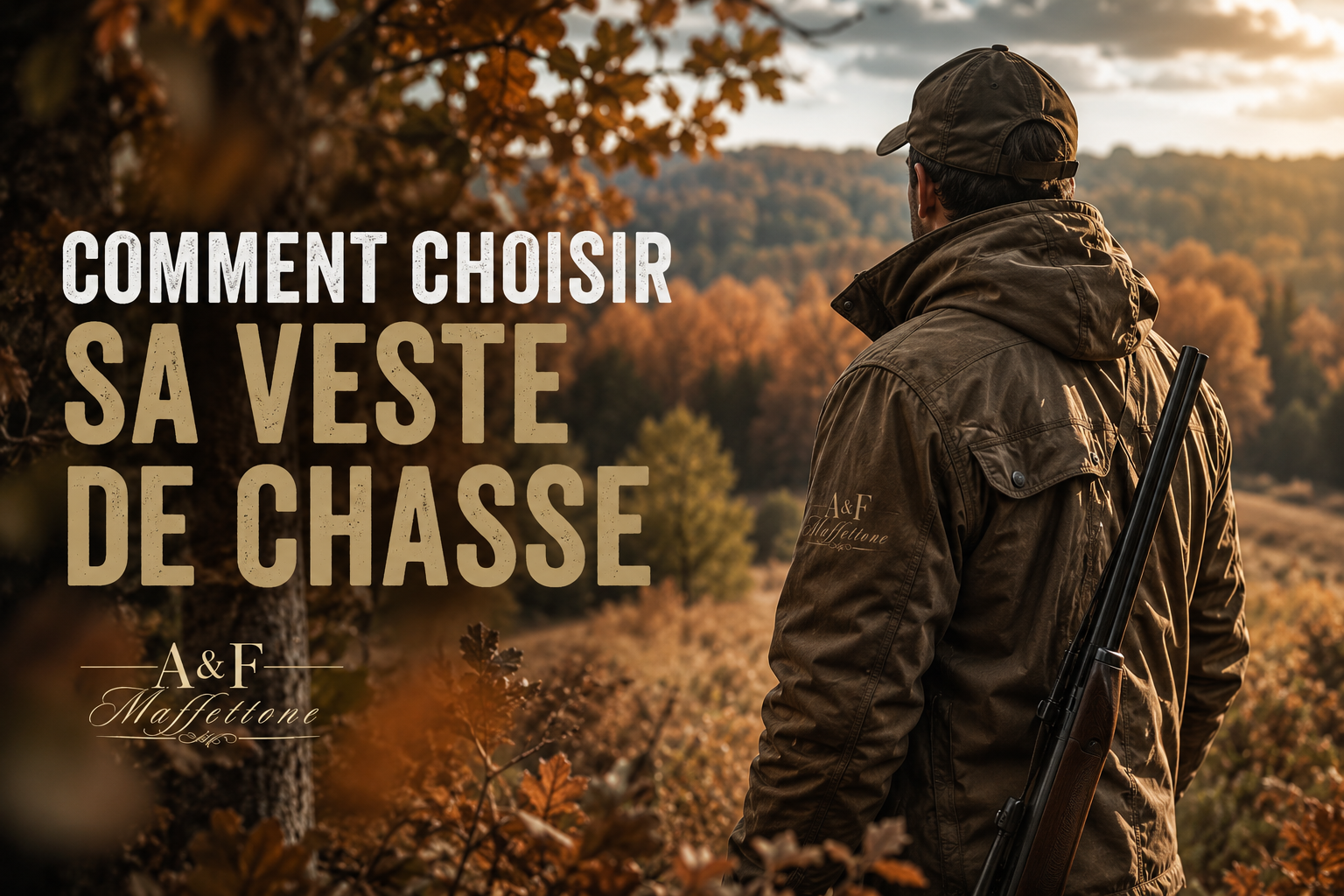 Chasseur de dos portant une veste technique A&F Maffettone dans une forêt automnale