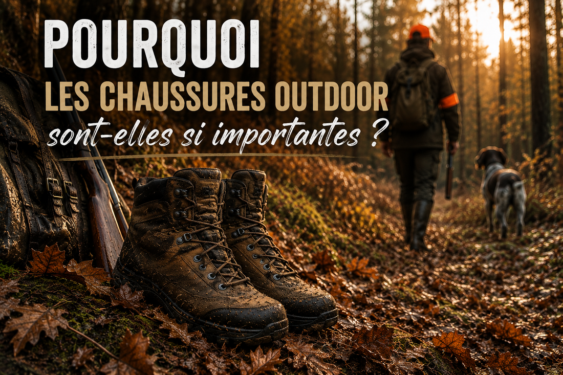 Chaussures de chasse outdoor au premier plan avec chasseur et chien en forêt automnale