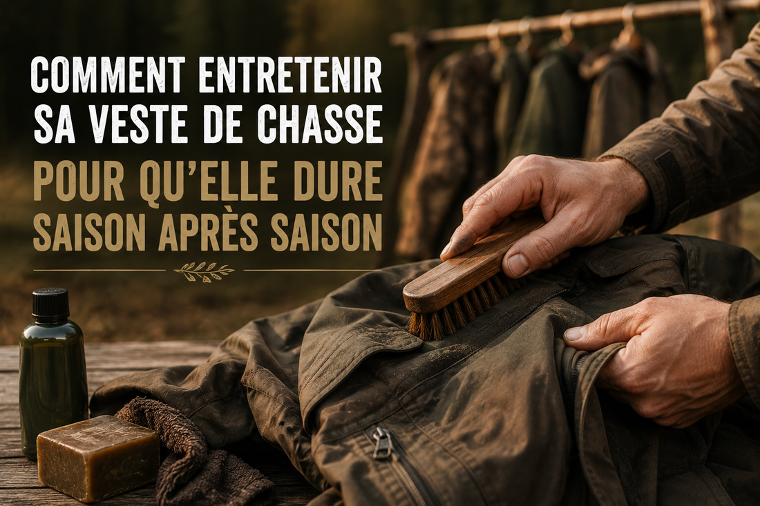 Mains qui brossent une veste de chasse technique avec produits d'entretien