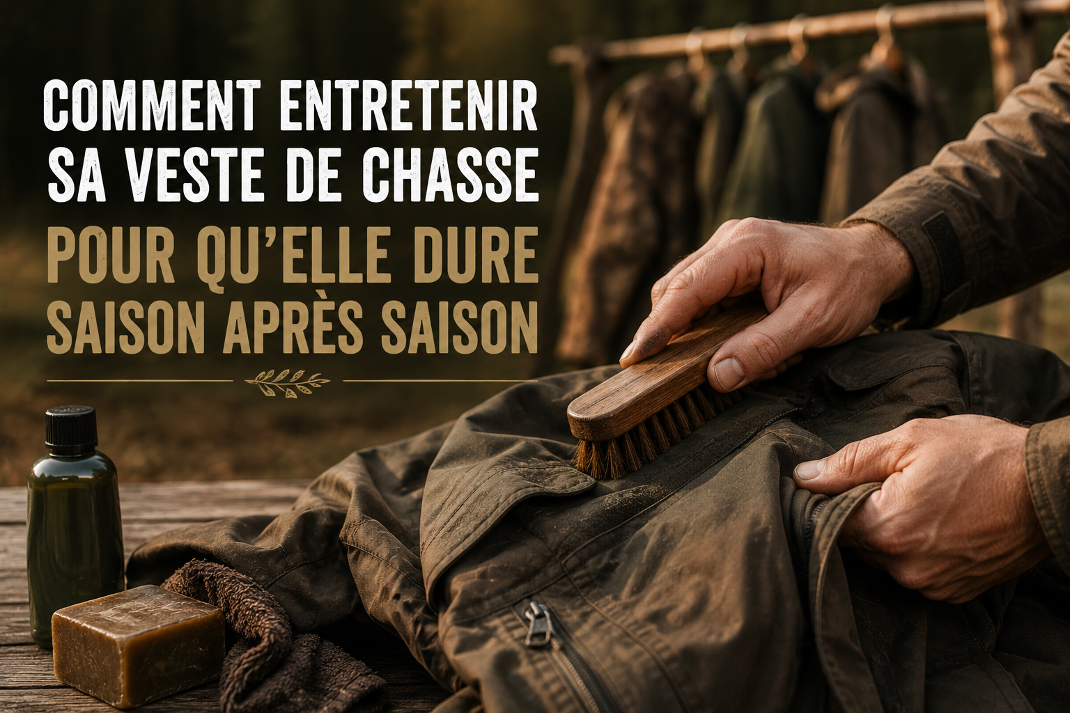 Mains qui brossent une veste de chasse technique avec produits d'entretien